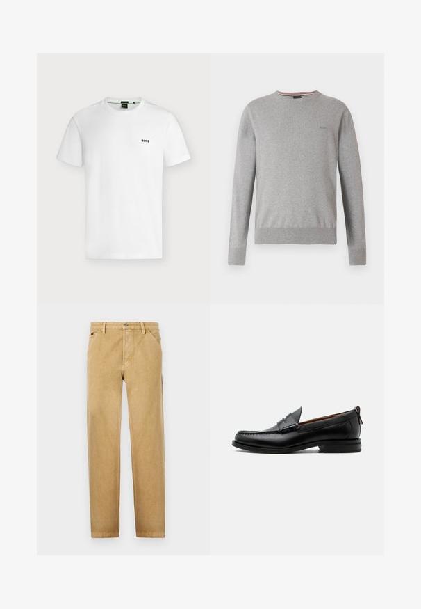 Grijze trui met een ronde hals, lange mouwen, geribbelde manchetten en zoom, met een subtiel logo op de borst en gestreepte accenten in de halslijn.; Effen wit T-shirt met korte mouwen en een klein zwart "BOSS"-logo op de linkerborst, getoond tegen een lichte achtergrond.; Tan chino's met een recht vallend ontwerp, gemaakt van een zachte stof. Voorzien van voorkruiszakken, een knoopsluiting en subtiele stikdetails.; Zwarte leren herensloffen met moc toe stiksel, pennyriem, gestructureerde kraag en lage gestapelde hak op witte achtergrond.