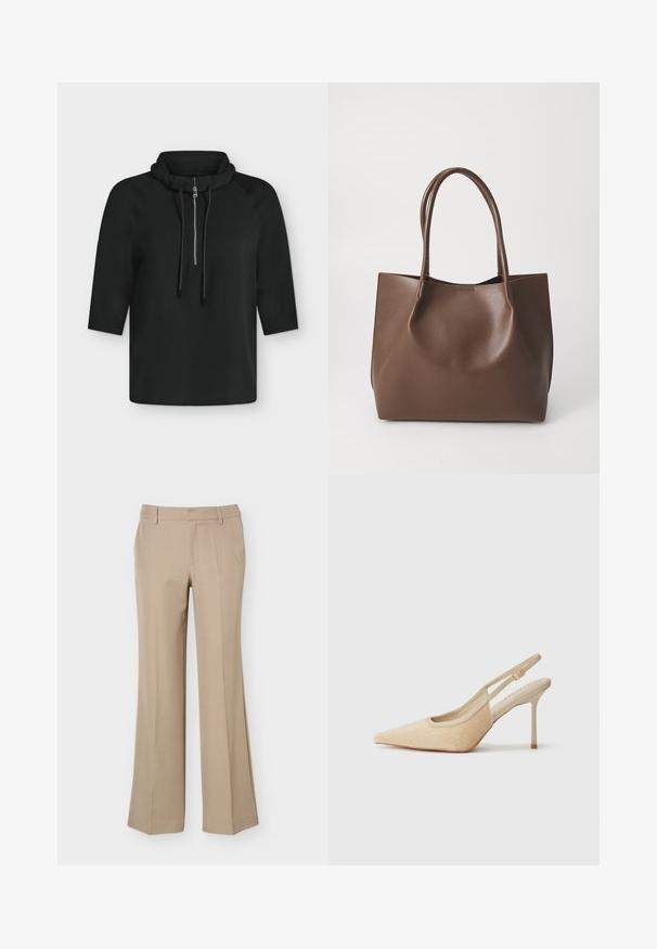 Chemise noire à manches longues avec col haut, fermeture éclair à l’avant et cordons de serrage réglables sur un fond uni.; Pantalon beige pour femme avec passants de ceinture, pli devant et coupe droite à jambes larges sur fond blanc uni.; Escarpins slingback beiges à bout pointu, fabriqués dans un matériau texturé, avec un talon fin et une sangle ajustable.; Sac en cuir marron avec deux longues poignées, forme structurée, texture lisse et design minimaliste. Aucun matériel ni accent visible.