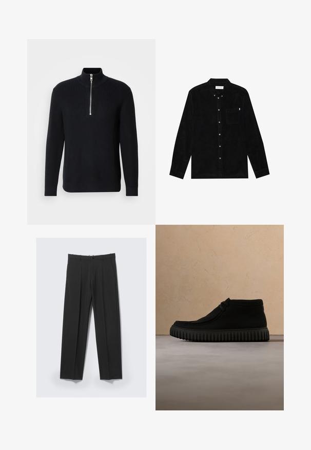 Sort, ribbet strikket sweater med høj krave og kort lynlås. Har lange ærmer og en lige kant med ribbede manchetter.; Sort corduroy skjorte med knap-krave, lange ærmer, frontknaplukning og venstre brystlomme. Har en subtil ribbet tekstur.; Sorte skræddersyede bukser med forreste plisseringer, sidelommer, bæltestropper og knaplukning ved linningen på en lys baggrund.; Sorte ankelstøvler lavet af blødt materiale, med rund tå, minimal snøring og en tekstureret gummisål med lodrette riller.