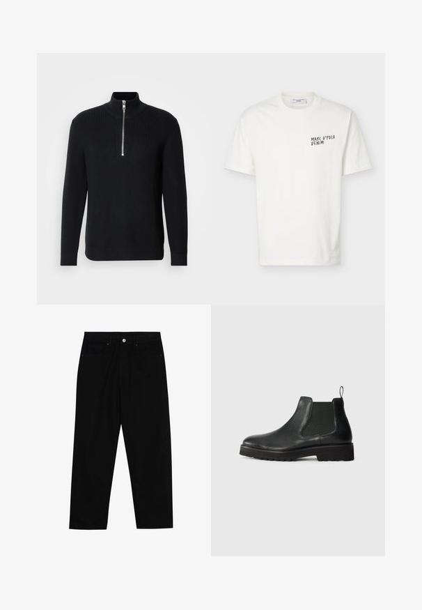 Sort, ribbet strikket sweater med høj krave og kort lynlås. Har lange ærmer og en lige kant med ribbede manchetter.; Hvid T-shirt med korte ærmer og rund halsudskæring med "Marc O’Polo Denim"-logo trykt i sort på venstre bryst.; Sorte denim bukser med lige ben, der har to forlommer, en knaplukning foran og subtile syningsdetaljer.; Sorte læder chelsea-støvler med elastisk sideskæring, afrundet tå, tekstureret sål og lille hængsel ved hælen.