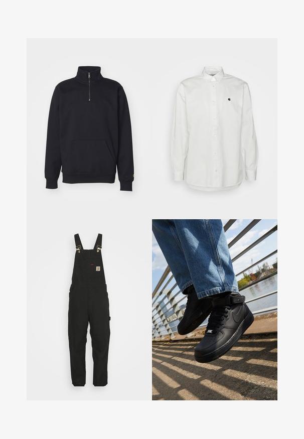 Mustat fleece-kvartzip-sweatshirt, jossa on korkea kaulus, ribattu hihansuu, kengurupussi ja pieni kultainen logo korostus hihassa.; Valkoinen pitkähiha-painatin kauluspaita, joka on valmistettu puuvillasta. Paitassa on pieni musta logo vasemmassa rinnassa ja klassinen kaulus, jossa on nappikoristeet.; Mustat puuvillaiset haalarit, joissa on säädettävät hihnat, etutasku logopatchilla ja kaksi sivutaskua rentoa istuvuutta varten.; Mustat Nike Air Force 1 -kengät, joissa on nahkapäällinen, verkko kieli ja kumipohja. Kengissä on korkeakuppinen muotoilu ja paksut nauhat.