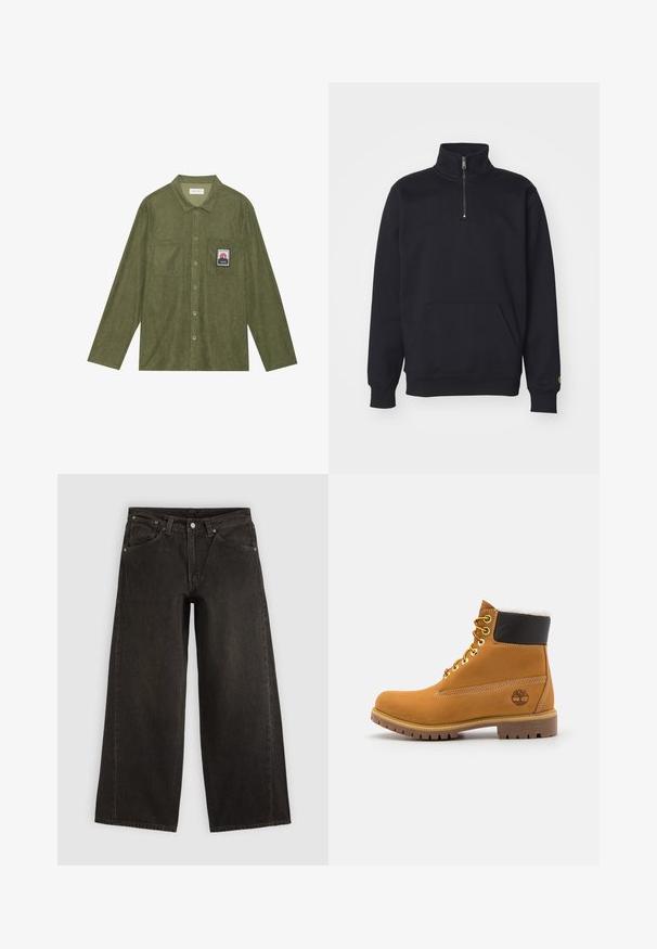 Sweatshirt noir en polaire à fermeture éclair quart, avec un col haut, des poignets côtelés, une poche kangourou et un petit logo doré sur la manche.; Chemise en velours côtelé vert olive à manches longues, fermeture boutonnée, deux poches poitrine, et un patch graphique de montagne sur la poche gauche.; Jean noir à jambes larges avec poches avant, fermeture par boutons et passants de ceinture, présenté à plat sur un fond clair.; Bottine en cuir brun avec œillets en métal, doublure en fourrure blanche, col rembourré noir, semelle robuste et logo en relief sur le côté.