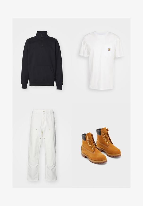 Schwarzer Fleece-Quarter-Zip-Sweatshirt mit hohem Kragen, gerippten Bündchen, Kängurutasche und kleinem goldenen Logo-Akzent am Ärmel.; Weißes Baumwoll-T-Shirt mit kurzen Ärmeln, einer Brusttasche und einem kleinen quadratischen Logopatch in Orange und Weiß auf der Tasche.; Weiße Baumwoll-Cargohose mit lockerer Passform. Zu den Merkmalen gehören Fronttaschen, goldfarbene Hardware-Akzente und verstärkte Kniebereiche.; Lederarbeitsstiefel in Tan mit schwarzem gepolstertem Kragen, goldenen Ösen und braunen Gummisohlen. Mit kontrastierenden Nähten und einem Logo an der Seite.