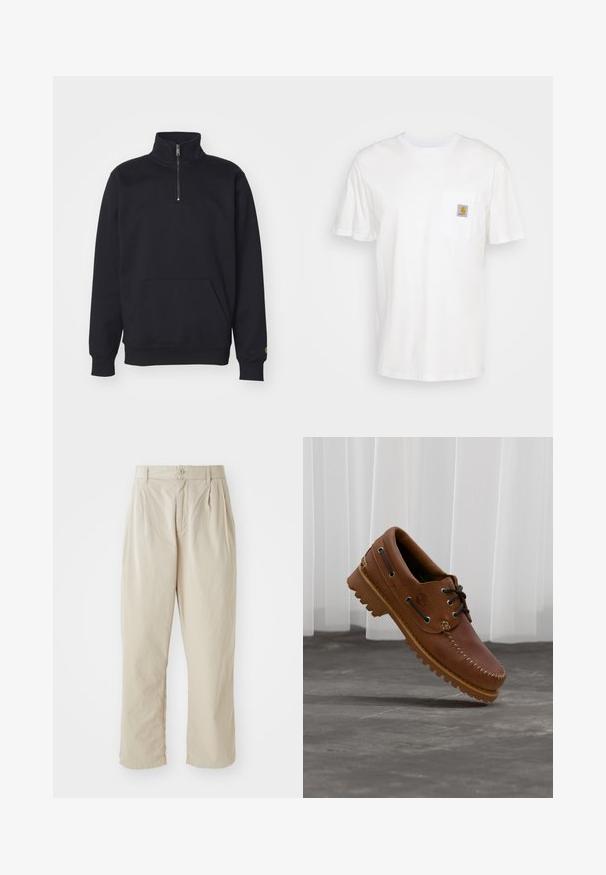 Sort fleece sweatshirt med kvart lynlås, høj krave, ribbede manchetter, kengurulomme og en lille guld logo accent på ærmet.; Hvid bomulds T-shirt med korte ærmer, en brystlomme, og et lille firkantet logo patch i orange og hvid på lommen.; Beige, lette bukser med en afslappet pasform, indsyede folder foran, knaplukning og opbrettede kanter. Glat tekstur, minimalistisk design.; Brun læder bådsko med sorte snørebånd, beige syninger og en robust sål, hængende over en grå betongulv.