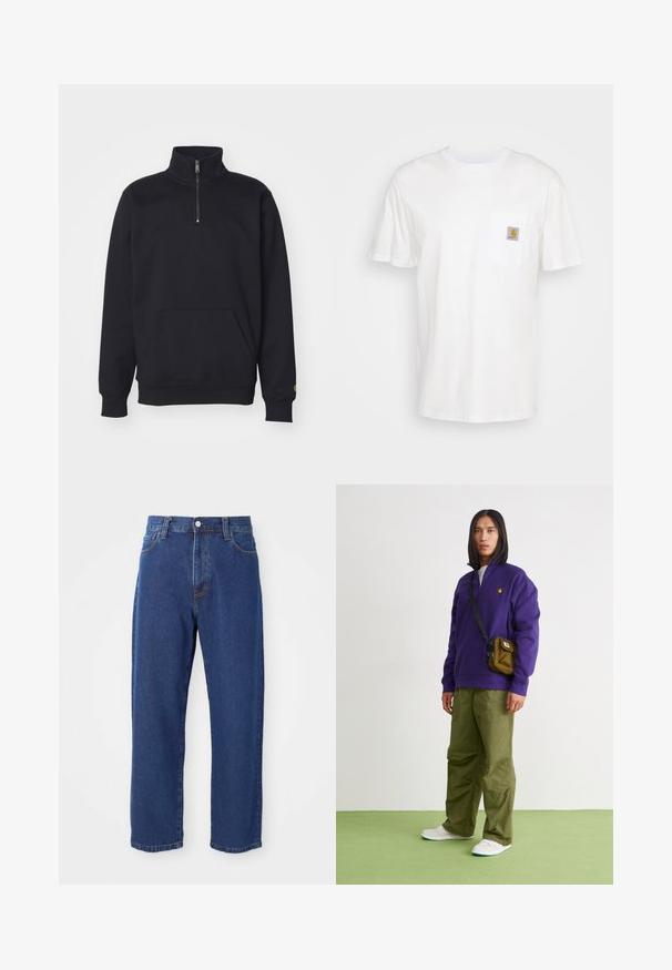 Sort fleece sweatshirt med kvart lynlås, høj krave, ribbede manchetter, kengurulomme og en lille guld logo accent på ærmet.; Hvid bomulds T-shirt med korte ærmer, en brystlomme, og et lille firkantet logo patch i orange og hvid på lommen.; Høj taljede blå jeans i denim, med lige ben silhuet, synlige stikninger og en frontknaplukning.; Jordan AIR JORDAN 1 ZM CMFT 2 - Sneakers high - summit white/bicoastal/oxidized green