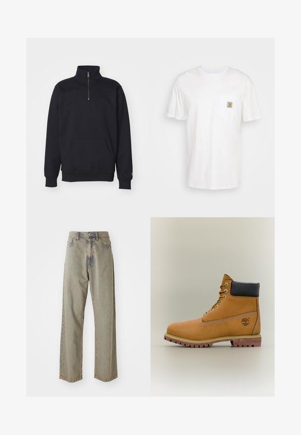 Zwarte fleece sweatshirt met een kwart rits, hoge kraag, geribde manchetten, een kangoeroezak en een kleine gouden logo-accent op de mouw.; Witte katoenen t-shirt met korte mouwen, een borstzak en een klein vierkant logo-opdruk in oranje en wit op de zak.; Lichtgrijze wijde spijkerbroek van denim, met een vervaagde textuur, zichtbare stiksels en een traditionele knoop- en ritsclosure.; Bruine leren enkellaars met zwarte kraag, gele veters en een zandkleurige zool. Voorzien van een logo en witte stikseldetails. Robuuste loopzool met grip.