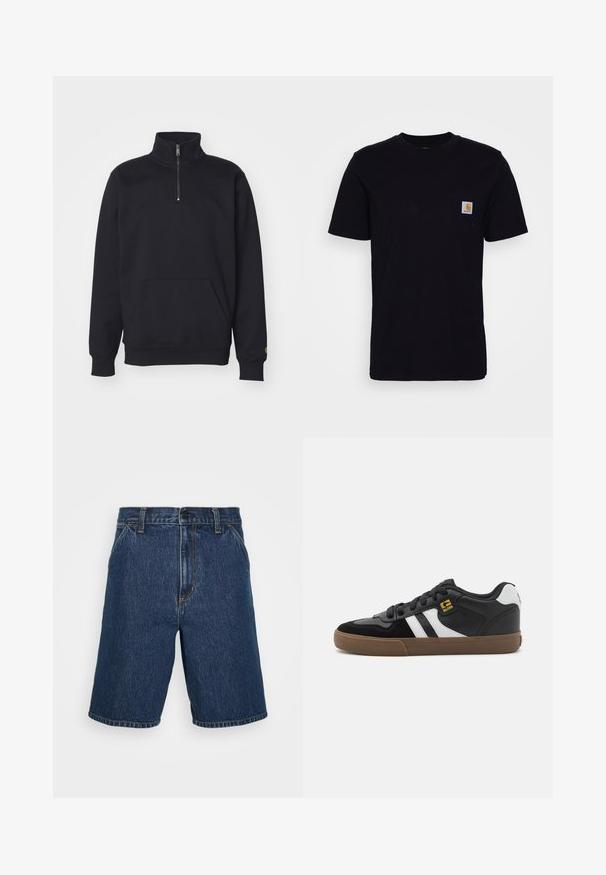 Sort fleece sweatshirt med kvart lynlås, høj krave, ribbede manchetter, kengurulomme og en lille guld logo accent på ærmet.; Sort bomulds T-shirt med korte ærmer, rund hals og en brystlomme, der har et lille, kvadratisk logo-patch. Enkel, ensfarvet design.; Mørkeblå denimshorts med lige pasform. Har gule syninger og et klassisk fem-lomme design. Regulær talje og kantede kanter.; Sorte og hvide sneakers med overdel i ruskind og læder, der har hvide striber, sorte snørebånd og en brun gummisål. Guld logo detaljer.