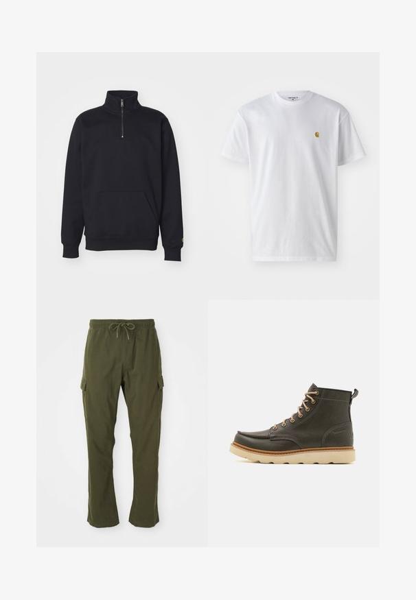 Sort fleece sweatshirt med kvart lynlås, høj krave, ribbede manchetter, kengurulomme og en lille guld logo accent på ærmet.; Hvid bomulds t-shirt med korte ærmer, rund hals og et lille guld logo på venstre brystområde. Blød tekstur og almindelig pasform.; Olivenfarvede cargo bukser med elastisk talje, snor og sidelommer. Stoffet virker blødt med en glat overflade.; Mørkegrønne læder ankelstøvler med beige snørebånd, polstret krave og tekstureret gummisål. Har vandtætte markeringer og syninger.