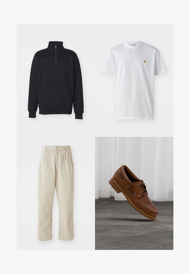 Sort fleece sweatshirt med kvart lynlås, høj krave, ribbede manchetter, kengurulomme og en lille guld logo accent på ærmet.; Hvid bomulds t-shirt med korte ærmer, rund hals og et lille guld logo på venstre brystområde. Blød tekstur og almindelig pasform.; Beige, lette bukser med en afslappet pasform, indsyede folder foran, knaplukning og opbrettede kanter. Glat tekstur, minimalistisk design.; Brun læder bådsko med sorte snørebånd, beige syninger og en robust sål, hængende over en grå betongulv.
