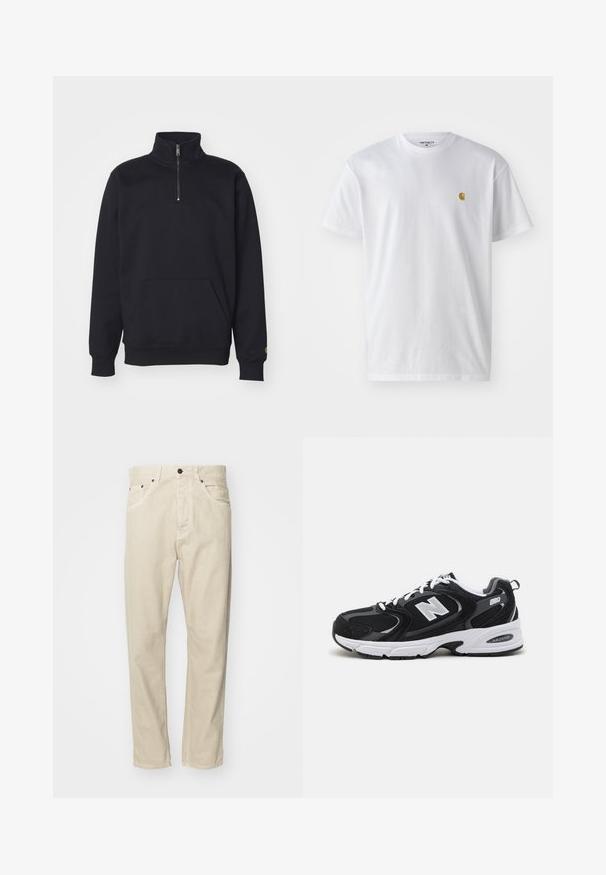 Sort fleece sweatshirt med kvart lynlås, høj krave, ribbede manchetter, kengurulomme og en lille guld logo accent på ærmet.; Hvid bomulds t-shirt med korte ærmer, rund hals og et lille guld logo på venstre brystområde. Blød tekstur og almindelig pasform.; Beige, bomuldsbukser med lige pasform, fem lommer og metalhardware detaljer. Glat tekstur med minimale syninger.; Sorte og grå sportssko med mesh og ruskind på overdelen, der har en hvid mellemsål, snørebånd og et iøjnefaldende "N" logo på siden.