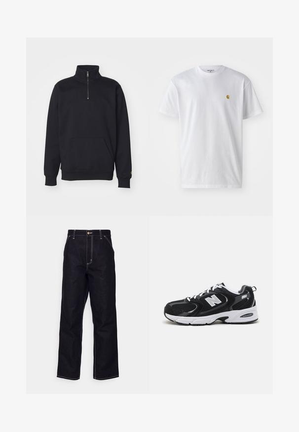 Sweatshirt noir en polaire à fermeture éclair quart, avec un col haut, des poignets côtelés, une poche kangourou et un petit logo doré sur la manche.; T-shirt en coton blanc à manches courtes, col rond, avec un petit logo doré sur la poitrine gauche. Texture douce et coupe régulière.; Jean en denim noir avec une coupe droite, des coutures blanches contrastées, une fermeture à bouton et deux poches avant.; Baskets de sport noires et grises avec un tige en mesh et en suède, présentant une semelle intermédiaire blanche, des lacets et un logo "N" audacieux sur le côté.