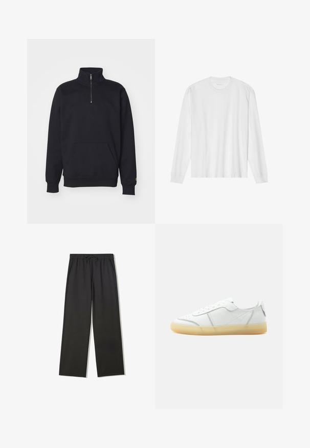 Sweatshirt noir en polaire à fermeture éclair quart, avec un col haut, des poignets côtelés, une poche kangourou et un petit logo doré sur la manche.; T-shirt blanc en coton à manches longues avec col rond, doté de poignets côtelés et d'un ourlet droit, texture lisse et design minimaliste.; Pantalon à taille élastique noire avec cordon de serrage et poches latérales, présentant une coupe décontractée et des jambes droites.; Baskets basses en cuir blanc avec semelle beige translucide, lacets à l’avant et détails de couture minimalistes, vues de côté sur un fond uni.