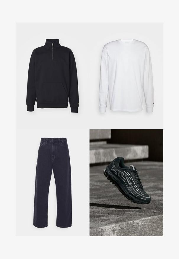 Zwarte fleece sweatshirt met een kwart rits, hoge kraag, geribde manchetten, een kangoeroezak en een kleine gouden logo-accent op de mouw.; Witte lange mouwen T-shirt van katoen. Ronde hals ontwerp met ribgebreide manchetten en een klein logo op de linkermouw. Gladde textuur.; Donker gewassen denim jeans met een wijde pasvorm, hoge taille en vijf-pocket ontwerp. Beschikt over een klassieke knoop- en ritssluiting.; Zwarte en grijze Nike Air Max sneaker zwevend boven grijze betonnen trappen met een gestructureerde achtergrond van de grond.