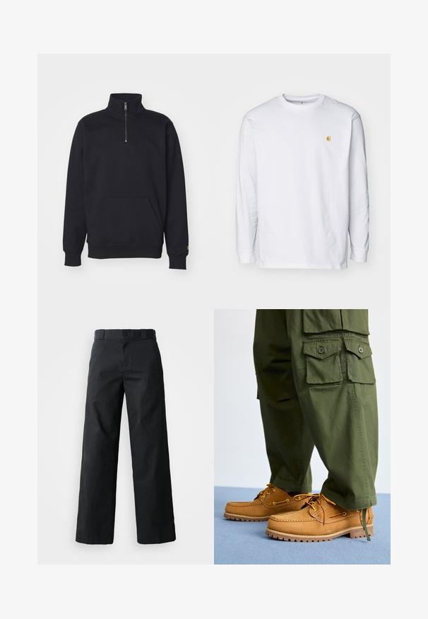 Sweatshirt noir en polaire à fermeture éclair quart, avec un col haut, des poignets côtelés, une poche kangourou et un petit logo doré sur la manche.; T-shirt à manches longues blanc en coton. Présente un petit logo doré sur la poitrine et un col rond. Design simple et coupe standard.; Pantalon noir à jambes larges en coton. Doté d'une fermeture à bouton, de passants de ceinture et de poches latérales. Texture lisse avec une coupe ajustée.; Timberland AUTHENTIC 3 EYE - Chaussures bateau - wheat