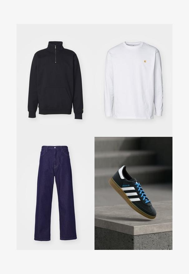 Schwarzer Fleece-Quarter-Zip-Sweatshirt mit hohem Kragen, gerippten Bündchen, Kängurutasche und kleinem goldenen Logo-Akzent am Ärmel.; Weißes Langarm-T-Shirt aus Baumwolle. Mit kleinem goldenem Logo auf der Brust und Rundhalsausschnitt. Einfaches Design und normale Passform.; Dunkelblaue Denim-Hosen mit weitem Bein und hoher Taille, ausgestattet mit vorderen Taschen und einem Knopfverschluss, der eine glatte, strapazierfähige Textur zeigt.; Schwarzer Adidas-Sneaker mit weißen Streifen, blauen Schnürsenkeln und Gummisohle, der über einer grauen Betontreppe im weichen Licht schwebt.