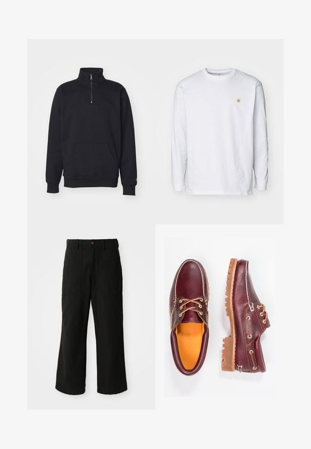 Schwarzer Fleece-Quarter-Zip-Sweatshirt mit hohem Kragen, gerippten Bündchen, Kängurutasche und kleinem goldenen Logo-Akzent am Ärmel.; Weißes Langarm-T-Shirt aus Baumwolle. Mit kleinem goldenem Logo auf der Brust und Rundhalsausschnitt. Einfaches Design und normale Passform.; Schwarze weit geschnittene Hose aus weichem Stoff, mit Fronttaschen und einem Knopfverschluss an der Taille. Minimalistisches Design ohne sichtbare Muster.; Bordeauxfarbene Lederschuhe mit braunen Gummisohlen, runder Zehenform, weißen Nähten und goldenen Ösen. Das Innenfutter weist eine gelbe Beschichtung auf.