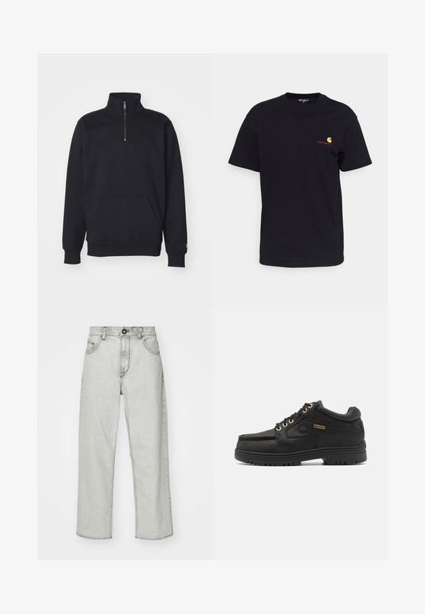 Sudadera de forro polar negra con media cremallera, cuello alto, puños acanalados, bolsillo canguro y un pequeño acento en logo dorado en la manga.; Camiseta de algodón negra con mangas cortas, cuello redondo y un pequeño logo colorido en el lado izquierdo del pecho. Corte clásico con una textura suave.; Jeans de tiro alto en gris claro con un ajuste relajado, cinco bolsillos, cierre frontal con botón y un sutil patrón texturizado en la tela de mezclilla.; Zapato de cuero negro con cordones, cuello acolchado, suela gruesa, ojales dorados y etiqueta Gore-Tex en el lateral.