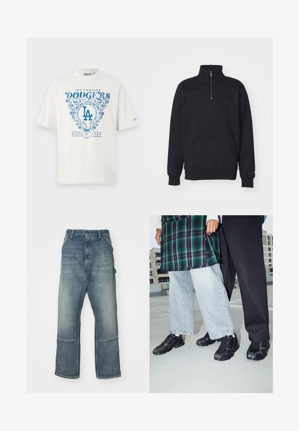 Zwarte fleece sweatshirt met een kwart rits, hoge kraag, geribde manchetten, een kangoeroezak en een kleine gouden logo-accent op de mouw.; Witte katoenen t-shirt met blauwe grafische tekst "LOS ANGELES DODGERS" en "SINCE 1958" met bloemaccenten en het "LA"-logo in het midden.; Lichtblauwe jeans met een relaxte pasvorm, gemaakt van denim. Heeft wijde broekspijpen, grote voorkruiszakken en contrasterende stikdetails.; Zwarte sportieve schoenen met mesh- en rubberaccenten. Draagt een lichtgrijze wijde spijkerbroek en een groen geruit shirt. Effen achtergrond.