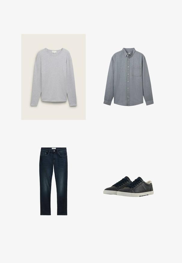 Grå langærmet sweater lavet af ribbet stof. Har en rund halsudskæring og slidser i siden ved kanten for en afslappet pasform.; Grå skjorte med knapper foran, lange ærmer, krave, en enkelt brystlomme og et struktureret stof. Fastgjort med synlige knapper ned foran.; Mørkeblå denim jeans med slim fit, der har fem lommer, knaplukning og diskret falmning foran for tekstur.; Marine læder sneakers med hvide gummisåler, rund tå og sorte snørebånd. Subtile teksturer og branding på siderne. Casual design.