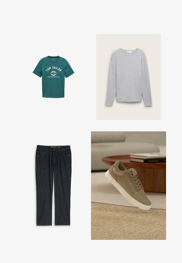 Grau gestrickter Pullover mit langen Ärmeln aus Rippstoff. Hat einen runden Ausschnitt und seitliche Schlitze am Saum für eine lockere Passform.; Türkisfarbiges T-Shirt mit kurzen Ärmeln aus Baumwolle, mit Rundhalsausschnitt und weißem Drucktext "TOM TAILOR" sowie Designdetails auf der Vorderseite.; Dunkelblaue Straight-Leg-Denim-Jeans mit Vordertaschen, Gürtelschlaufen, Knopfverschluss und Größenetikett 32/32 von Tom Tailor.; Beiger Freizeitschuh mit Mesh- und Velourslederdetails, weiße Sohle, schwebend über einem strukturierten beigen Teppich in einem modernen Wohnzimmer.