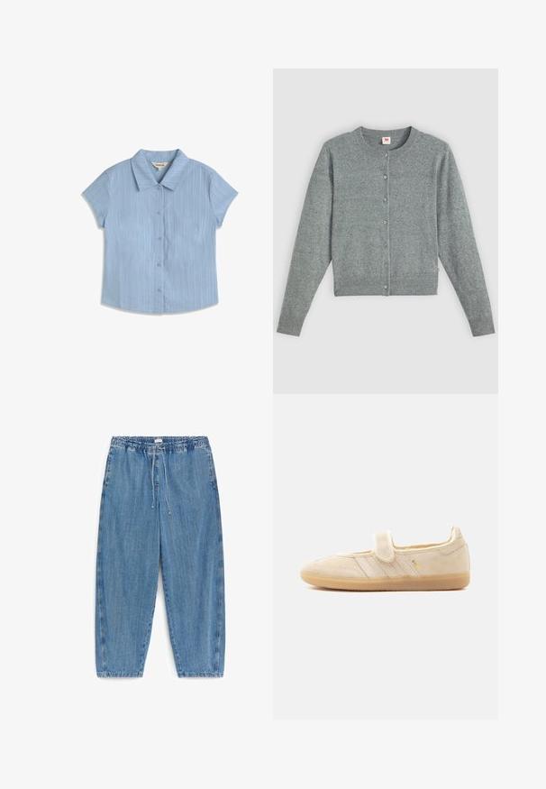 Cardigan gris à manches longues en mélange de laine douce, avec un col rond, une fermeture à boutons et des bords côtes au niveau de l'ourlet et des manches.; Chemise bleu clair à manches courtes avec des rayures verticales texturées et un col pointu, présentée à plat sur un fond blanc.; Pantalon en denim bleu clair avec taille élastique et cordon de serrage, coupe droite et poches latérales, présenté sur fond blanc.; Baskets Mary Jane en daim beige avec sangle auto-agrippante, semelle en gomme, trois bandes cousues et marquage doré "SAMBA" sur le côté.