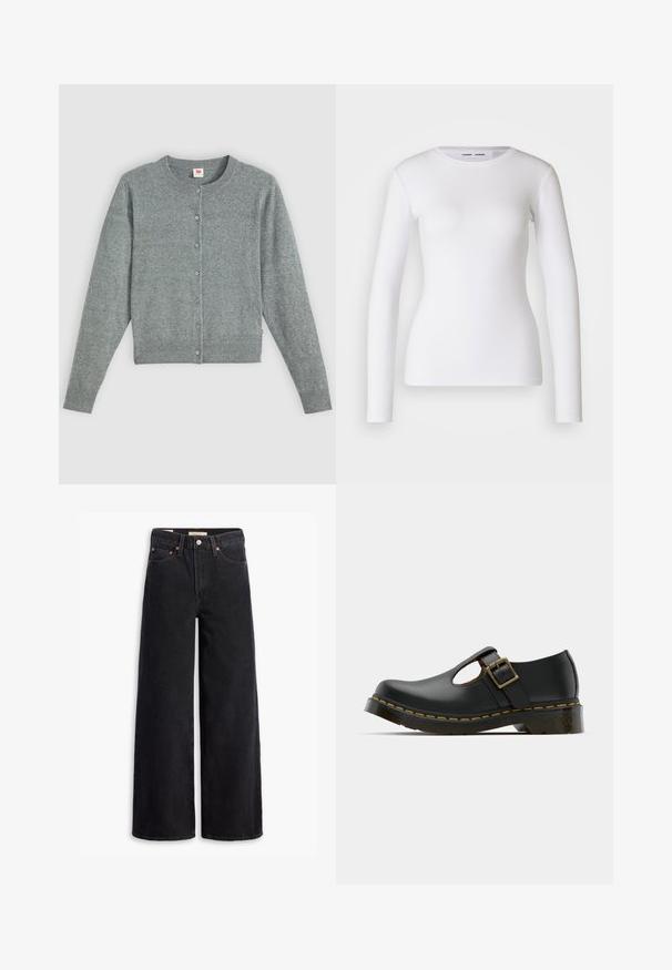 Grijze, lange mouwen cardigan gemaakt van een zachte wolmix, met een ronde hals, knoopsluiting en ribgebreide zoom en manchetten.; Witte longsleeve shirt van ribstof, met een ronde halslijn en een getailleerde vorm. Er zijn geen patronen of accenten aanwezig.; Zwarte brede jeans gemaakt van denim, met vijf zakken, koperen klinknagels en een klassieke knoopsluiting. Glad van textuur met een strakke uitstraling.; Zwarte leren schoen met een ronde neus, enkelband en gesp, lage hak en gele stiksels langs de zool. Gladde textuur overal.