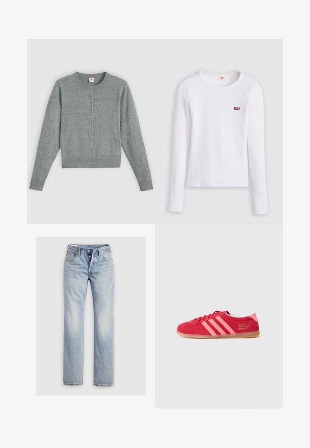 Grå, langærmet cardigan lavet af blødt uld-blanding, med rund hals, knappelukning og ribbet kant og manchetter.; Hvid Levi's langærmet skjorte med rund halsudskæring og lille rødt Levi's-logo på venstre bryst, vist på en ensfarvet baggrund.; Lysblå denim jeans med lige ben, fem-knap lukning og baglommer med diskret stikning.; Rød ruskindssneaker med pink striber, gummisål i farven gum og gyldne logodetaljer. Har rundet tå og snørelukning.