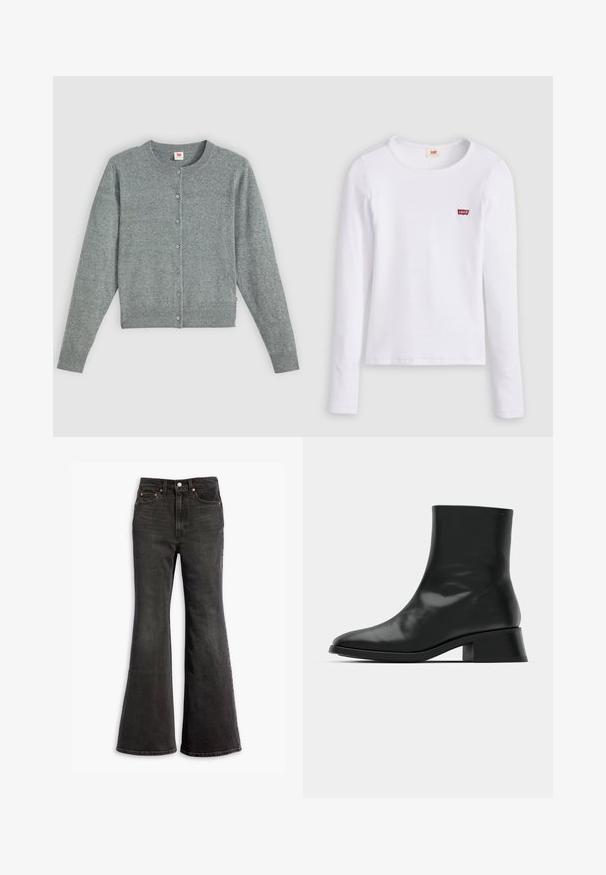 Grauer, langärmeliger Cardigan aus weichem Wollmix, mit rundem Halsausschnitt, Knopfverschluss sowie geripptem Saum und Bündchen.; Weißes Levi's Langarmshirt mit Rundhalsausschnitt und kleinem rotem Levi's Logo auf der linken Brust, dargestellt vor einfarbigem Hintergrund.; Schwarze High-Waist-Jeans aus Denim mit weitem Bein, Fünf-Taschen-Design und Kupfennieten.; Schwarze Ankle Boots aus glänzendem Leder, mit einem eleganten Design, spitzer Zehenpartie und einem moderaten Blockabsatz für Stabilität.