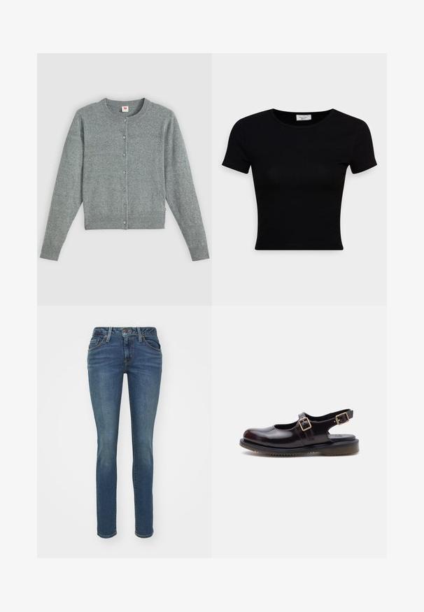 Cardigan gris à manches longues en mélange de laine douce, avec un col rond, une fermeture à boutons et des bords côtes au niveau de l'ourlet et des manches.; T-shirt noir à manches courtes en coton lisse, avec un col rond et une coupe ajustée. Minimaliste, sans motifs visibles.; Jeans en denim bleu ajustés avec cinq poches, couture visible et fermeture à glissière. Présentent une texture légèrement délavée pour plus de détails.; Chaussure Mary Jane en cuir bordeaux foncé avec deux boucles réglables et une semelle en caoutchouc noir, présentée en profil latéral sur fond blanc.