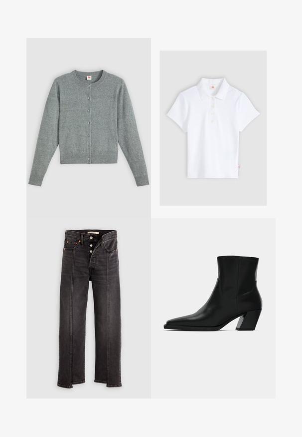 Cardigan gris à manches longues en mélange de laine douce, avec un col rond, une fermeture à boutons et des bords côtes au niveau de l'ourlet et des manches.; Polo blanc à manches courtes en maille côtelée avec col et quatre boutons, étalé à plat sur un fond gris clair.; Jean noir taille haute à jambes droites avec fermeture à boutons, poches avant et détail de couture verticale visible le long de chaque jambe.; Bottine en cuir noir avec un bout pointu, une silhouette élégante et un talon carré massif. Texture lisse avec des détails de couture minimalistes.