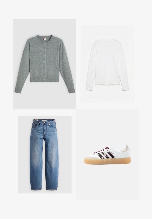 Cardigan gris de manga larga hecho de una suave mezcla de lana, con cuello redondo, cierre de botones y dobladillo y puños acanalados.; Camiseta blanca lisa de manga larga con cuello redondo, extendida sobre una superficie blanca, mostrando el frente y la longitud completa de la manga.; Jeans de pierna recta de un azul claro, hechos de denim. Presentan un diseño clásico de cinco bolsillos y un ligero desvanecimiento a lo largo de las piernas.; Zapatilla Adidas Samba blanca con cordones rojo oscuro, franjas negras difusas, lengüeta en el talón beige y suela de goma translúcida, vista desde el lado izquierdo.