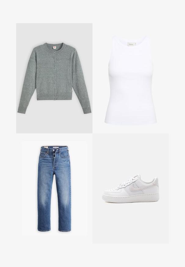 Grijze, lange mouwen cardigan gemaakt van een zachte wolmix, met een ronde hals, knoopsluiting en ribgebreide zoom en manchetten.; Witte geribde tanktop met een ronde halslijn en zonder mouwen. Rekbaar materiaal en een aansluitend ontwerp. Het label op de achterkant zegt "GESTUZ."; Blauwe denim jeans met een hoge taille, rechte pijpen en vervaagde delen. Voorzien van voorzakken en metalen details.; Witte lage Nike Air Force 1 sneaker met witte veters, perforaties op de neusplaat en een mesh paneel achter het Nike Swoosh-logo.