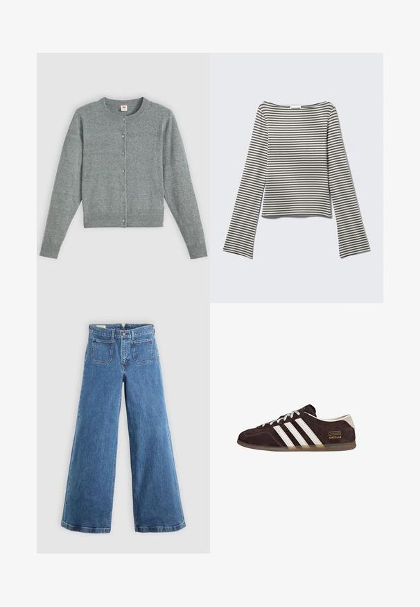 Grijze, lange mouwen cardigan gemaakt van een zachte wolmix, met een ronde hals, knoopsluiting en ribgebreide zoom en manchetten.; Lange mouwen, cropped top in gedempte grijs- en wit horizontale strepen, gemaakt van zachte stof met een brede, bootstijl halslijn en uitlopende mouwen.; Blauwe hoge taille wijde benen jeans met voorzakken, riemlussen, knoopsluiting en ritssluiting op een effen achtergrond.; Bruine suède sneakers met drie witte strepen, rubberen zool en een tekstlabel met de tekst "Gazelle" in goud. Vetersluiting met grijze veters.