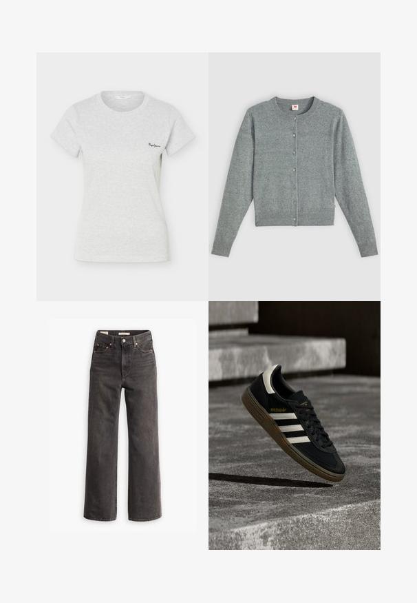 Cardigan gris de manga larga hecho de una suave mezcla de lana, con cuello redondo, cierre de botones y dobladillo y puños acanalados.; Camiseta de manga corta de color gris claro con tejido acanalado, cuello redondo y pequeño logo negro de "Pepe Jeans" en el lado izquierdo del pecho.; Jeans de tiro alto y pierna ancha en denim gris oscuro, con bolsillos frontales, remaches de cobre en contraste y un acabado limpio sin adornos.; Zapatilla negra de Adidas con rayas blancas y suela de goma flotando sobre escalones de concreto gris a la luz natural.