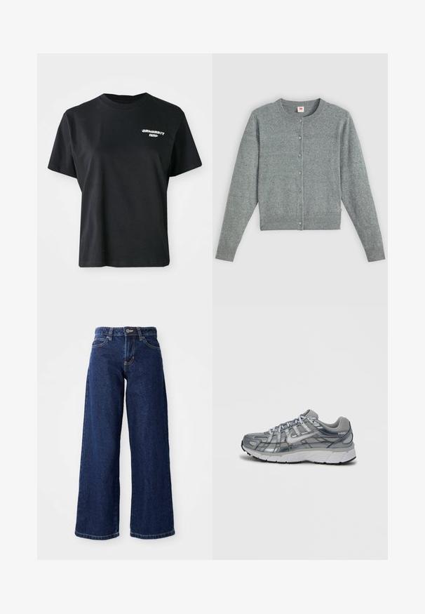 Cardigan gris à manches longues en mélange de laine douce, avec un col rond, une fermeture à boutons et des bords côtes au niveau de l'ourlet et des manches.; T-shirt en coton noir avec un col rond et des manches courtes. Dispose d'un logo graphique blanc sur la partie supérieure gauche de la poitrine.; Jean ample bleu foncé en denim, doté d'une fermeture à bouton et à zip, de passants de ceinture et d'un design classique à cinq poches.; Chaussure de sport grise avec tige en mesh, accents métalliques et semelle blanche. Dispose d'un système de laçage et de détails texturés pour accroche.