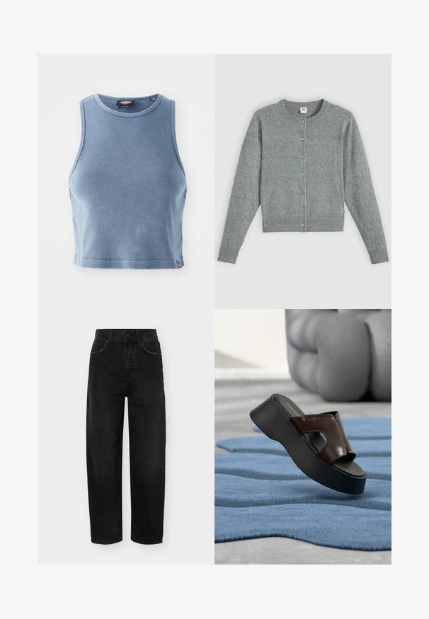 Grå, langærmet cardigan lavet af blødt uld-blanding, med rund hals, knappelukning og ribbet kant og manchetter.; Lyseblå ribbet crop top med rund udskæring og ærmeløst design. Glat tekstur og en lille logo detalje ved kanten.; Sorte jeans med høj talje og lige ben, knaplukning, for- og baglommer samt bæltestropper, vist på en ensfarvet baggrund.; Sort platformsandale med mørkebrun læderoverdel og udskæringsdetalje på blå tekstureret tæppe og skulpturel stol i baggrunden.