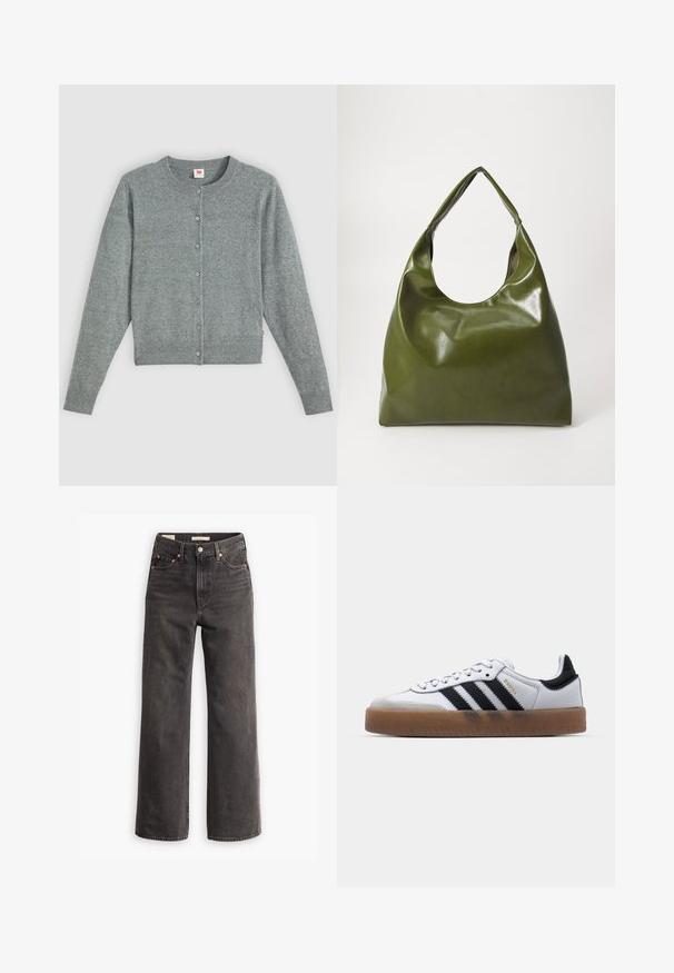 Grijze, lange mouwen cardigan gemaakt van een zachte wolmix, met een ronde hals, knoopsluiting en ribgebreide zoom en manchetten.; Hoge taille, wijde pijp jeans van donkergrijze denim, met zijzakken, contrasterende koperen klinknagels en een strakke afwerking zonder versieringen.; Witte leren sneakers met zwarte strepen, gumrubberen buitenzool, ronde neus, vetersluiting en een zachte grijze suède neuskap.; Groene leren hobotas met een slordig ontwerp, gebogen handvat en een gladde textuur. Bevat geen zichtbare hardware of accenten.