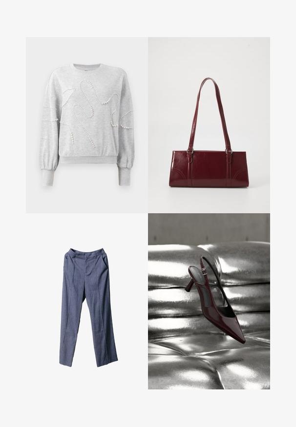 Lys grå langærmet sweatshirt med ribbede manchetter og kant, dekoreret med bølgende perleperle mønstre på fronten og ærmerne.; Navyblå stribede bukser med afslappet pasform, elastisk talje, sidelommer og glat, let stof.; Blank mørkerød slingback højhælet sko med spids tå, vist på en skinnende sølvfarvet polstret læderoverflade.; Bordeaux håndtaske lavet af glansfuldt materiale, rektangulær form, med to skulderremme og subtile buede detaljer på forsiden.