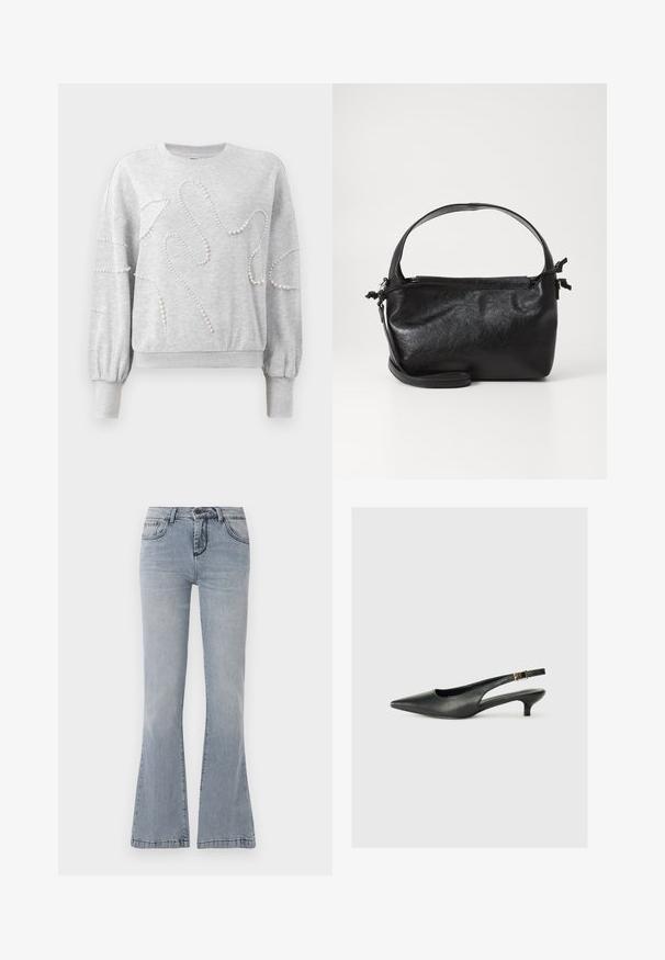 Sweat-shirt à manches longues gris clair avec des poignets et un ourlet côtelés, orné de motifs en perles de culture courbes sur le devant et les manches.; Jean en denim bleu clair avec une coupe évasée, fermeture à bouton et zipper à l'avant, et un design classique à cinq poches.; Chaussure slingback noire à bout pointu en cuir lisse. Présente un talon fin et un détail de boucle sur la sangle réglable.; Sac à main en cuir noir au design structuré, avec une poignée arrondie et une bandoulière amovible. Présente une texture lisse et un éclat subtil.