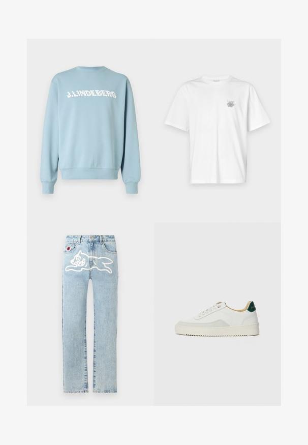 Lichtblauwe sweatshirt van zachte stof, met een witte logo-opdruk aan de voorkant, een ronde halslijn en geribbelde boorden en zoom.; Witte t-shirt van katoen met korte mouwen, een ronde hals, en een klein grijs logo op de linker borstzijde. Soepele textuur.; Icecream RUNNING DOG PANT - Straight leg jeans - heavy wash blue; Witte sneaker met suède accenten, ronde neus, platte veters en een crème rubberen zool. Bevat groene branding op de hiel.