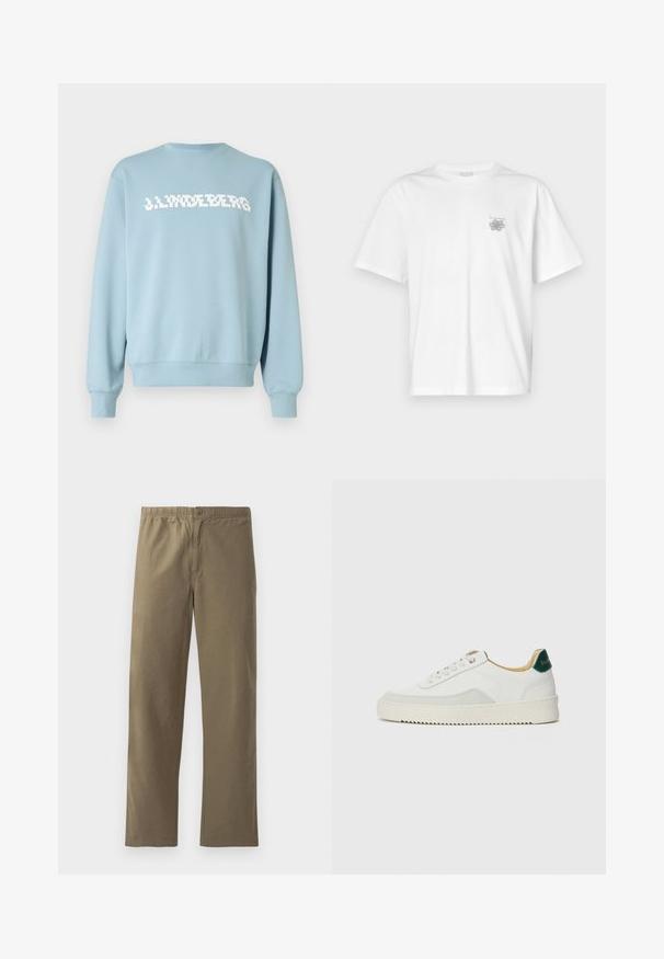 Sweatshirt bleu clair en tissu doux, avec un logo blanc imprimé sur le devant, col rond et poignets et ourlet côtelés.; T-shirt blanc en coton avec des manches courtes, un col ras du cou et un petit logo gris sur la partie gauche de la poitrine. Texture lisse.; Pantalons kaki en tissu léger. Dotés d'une taille élastique, d'une fermeture à boutons, de jambes droites et d'une texture lisse.; Baskets blanches avec des accents en daim, bout arrondi, lacets plats et semelle en caoutchouc crème. Présente une marque verte sur le talon.