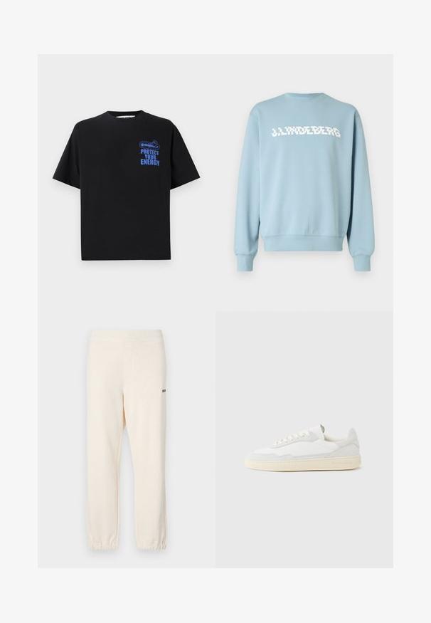 Lyseblå sweatshirt lavet af blødt stof med et hvidt logo tryk på forsiden, rund halsudskæring og ribstrikkede ærmeafslutninger og kant.; Sort bomulds t-shirt med korte ærmer, der har blå tekst "BESKYT DIN ENERGI" og et grafisk design på den øverste venstre side.; Cremefarvede joggerbukser med elastisk talje og manchetter, forsynet med sidelommer og et lille sort logo på bagsiden.; Hvid sneakers med en øvre del i tekstureret ruskind og læder. Har rundet tå, snørelukning og kontrasterende beige gummisål.