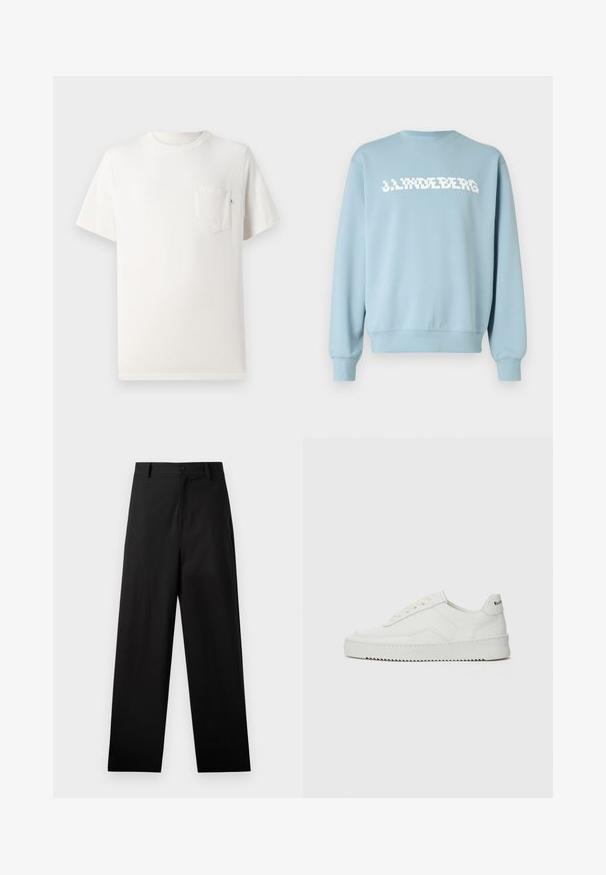 Sudadera azul claro hecha de tela suave, con un estampado de logo blanco en el frente, cuello redondo y puños y dobladillo acanalados.; Camiseta de algodón blanca con mangas cortas, cuello redondo y bolsillo en el pecho. Textura suave y diseño minimalista. Sin patrones o acentos visibles.; Pantalones negros de algodón con un diseño de pierna recta, que cuentan con un cierre frontal de botón y bolsillos laterales. Textura lisa, sin patrones.; Zapatilla de cuero blanca con un acabado suave, puntera redonda, cordones planos y suela texturizada. Cuenta con un sutil logo en el talón.