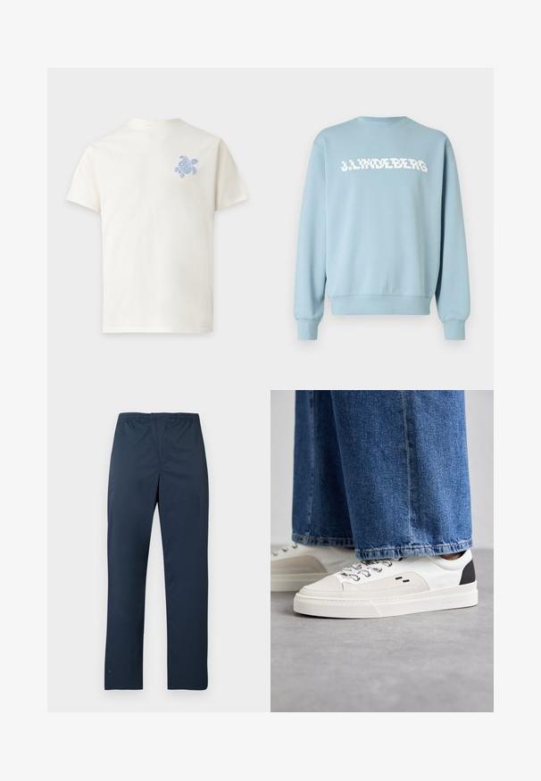 Sweatshirt bleu clair en tissu doux, avec un logo blanc imprimé sur le devant, col rond et poignets et ourlet côtelés.; T-shirt blanc à manches courtes avec un petit motif de tortue de mer bleue sur la partie gauche de la poitrine, sur un fond uni.; Pantalon bleu marine léger avec une ceinture élastique et des jambes droites. Texture lisse sans motifs ni accents visibles.; Baskets blanches et noires avec une tige en cuir lisse, des accents texturés et une semelle épaisse blanche. Présentent un design classique à lacets.