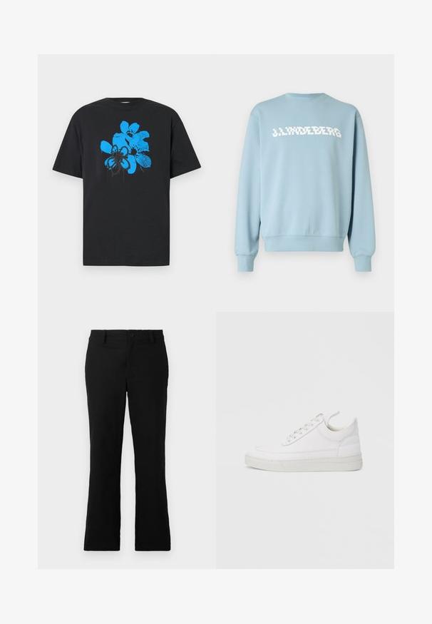 Sweatshirt bleu clair en tissu doux, avec un logo blanc imprimé sur le devant, col rond et poignets et ourlet côtelés.; T-shirt en coton noir avec un grand motif abstrait de fleurs bleues avec des accents noirs, manches courtes et col rond.; Pantalons évasés noirs en tissu mélangé coton, dotés d'une fermeture à bouton, de passants de ceinture et d'une texture lisse sans motifs visibles.; Baskets en cuir blanc avec un embout arrondi, une semelle plate et un laçage à l'avant. Présentent des détails de couture et un col rembourré pour plus de confort.