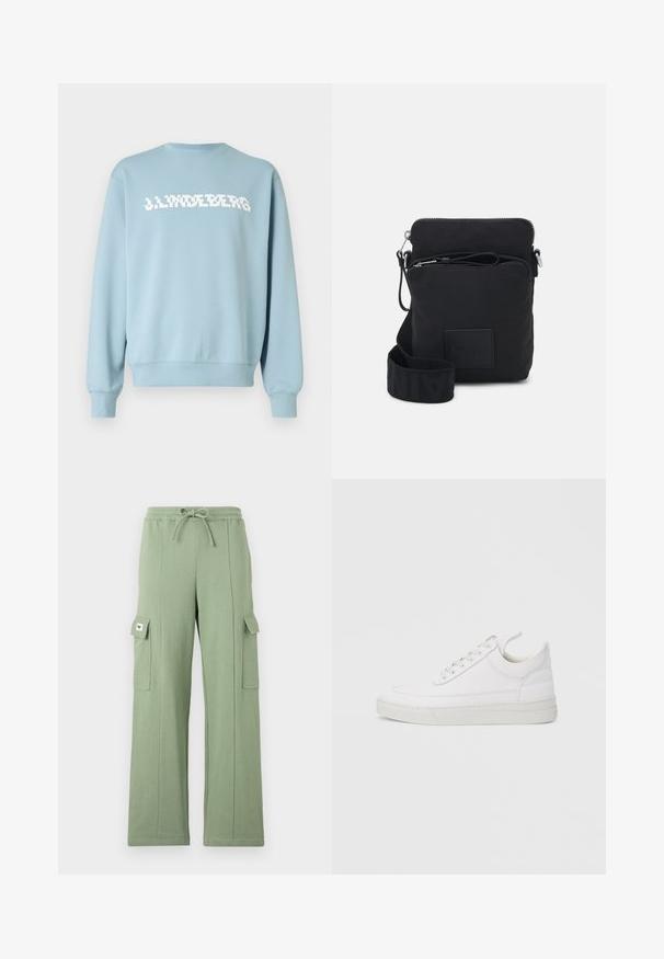 Lyseblå sweatshirt lavet af blødt stof med et hvidt logo tryk på forsiden, rund halsudskæring og ribstrikkede ærmeafslutninger og kant.; Lys grøn cargo bukser lavet af bomuldsblanding; har elastisk talje, snørelukning, bred ben og to sidelommer med klaplukninger.; Hvid lædersneaker med rundet tå, flad sål og snørebånd foran. Har syningsdetaljer og polstret krave for komfort.; Sort nylon crossbody taske med lynlås, justerbar stofrem og logo-patch. Har et minimalistisk design og en glat tekstur.