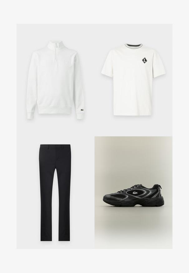 Biely dlhorukávový mikinový sveter s polovičným zipsom, stojacím golierom, rebrovanými manžetami a lemom, logom Lacoste na manžete a nášivkou na prednej strane.; Biela bavlnená tričko s krátkymi rukávmi, s čierno-bielym prúžkovaným kruhovým výstrihom a malým čiernym diamantovým logom na hrudi.; Čierne nohavice so rovnými nohavicami, vyrobené z hladkého materiálu. Obsahujú predné vrecká, zapínanie na gombík a pútka na opasok.; Čierne a šedé atletické tenisky s sieťkovými panelmi, šnurovací dizajn, hrubá podrážka a malá krokodílová logo na boku.