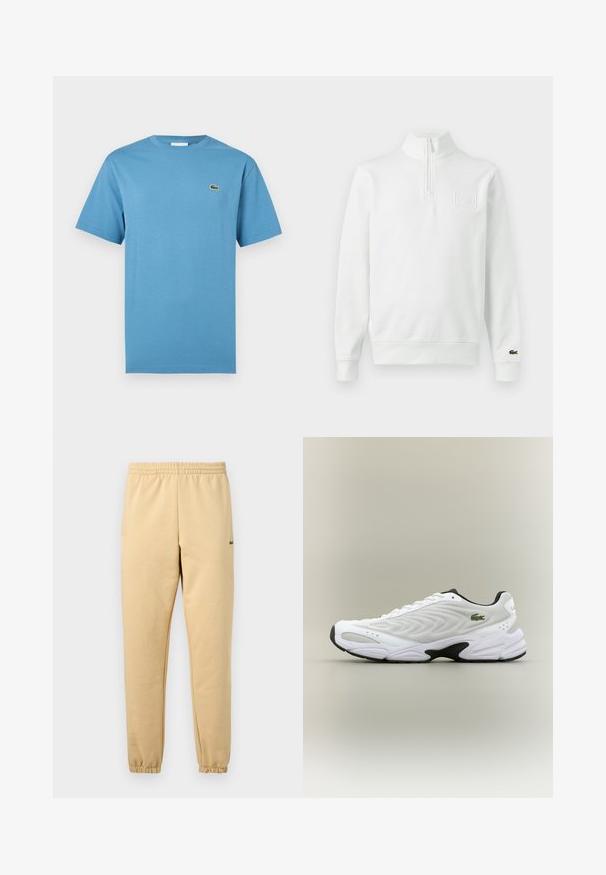 Sweat-shirt blanc à manches longues avec fermeture éclair au quart, col montant, poignets et ourlet côtelés, logo Lacoste sur le poignet et écusson sur la poitrine à l'avant.; T-shirt bleu à manches courtes avec col rond et petit logo de crocodile vert sur le côté gauche de la poitrine, présenté sur fond blanc.; Pantalon de jogging beige avec taille élastique et poignets, arborant un petit logo crocodile vert brodé sur la cuisse droite.; Baskets de sport blanches avec un dessus en mesh texturé, un design courbé et une semelle noire contrastante. Présente un logo brodé vert sur le côté.