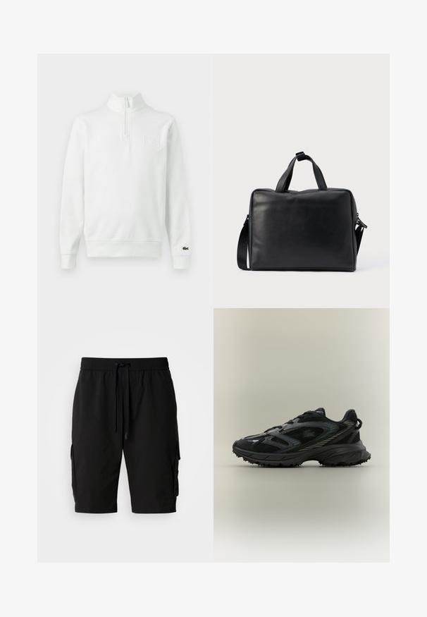 Weißes langärmliges Sweatshirt mit Viertel-Reißverschluss, Stehkragen, gerippten Bündchen und Saum, Lacoste-Logo am Bündchen und Brustpatch auf der Vorderseite.; Schwarze Cargo-Shorts aus leichtem Material, mit elastischem Bund, Kordelzug und seitlichen Cargo-Taschen für zusätzlichen Stauraum.; Schwarzer Sportschuh mit Netz панели, einer strukturierten Sohle, Schnürsenkeln und einer geschwungenen Silhouette mit silbernen Akzenten an den Seiten.; Schwarze Leder-Reisetasche mit rechteckiger Form, zwei Griffen, abnehmbarem Schulterriemen und minimalen Verzierungen.