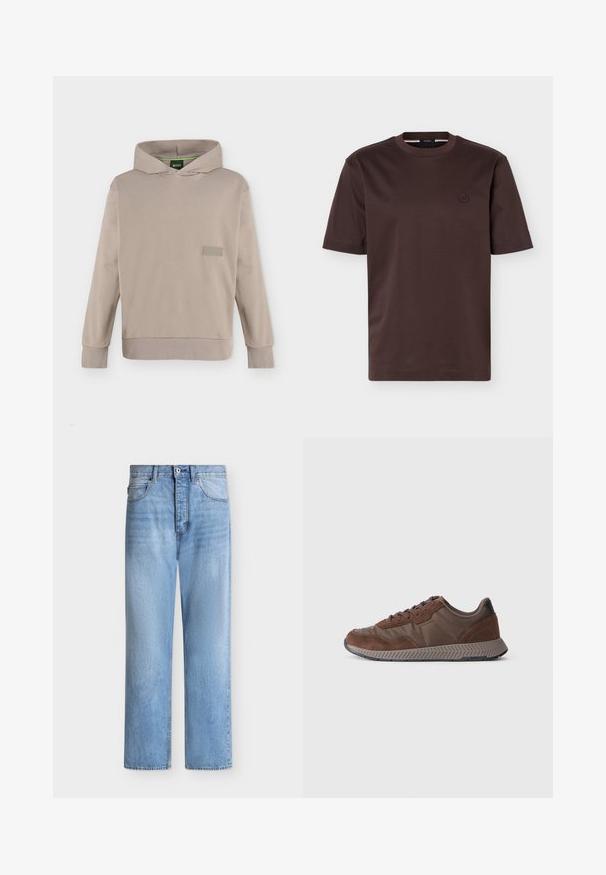 Beige hættetrøje med lange ærmer, en forlomme og et subtilt BOSS-logo på brystet, vist mod en ensfarvet baggrund.; Mørkebrun kortærmet bomuld T-shirt med rund halsudskæring og lille broderet cirkulært logo på venstre bryst.; Lyseblå straight-leg denim jeans med knap- og lynlåslukning, for- og baglommer samt bæltestropper i taljen.; Brune sneakers med en blanding af glatte og ruskind materialer, rund tå, tekstureret gummisål og kontrastfyldt sort hælkvotering.